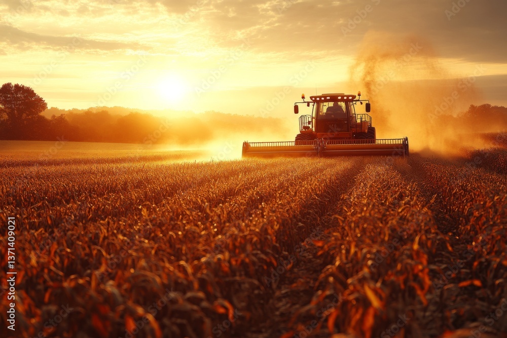 Fototapeta premium A tractor collects ripe corn from a field as the sun sets, illuminating the landscape with a warm golden glow while dust billows around the machinery Generative AI