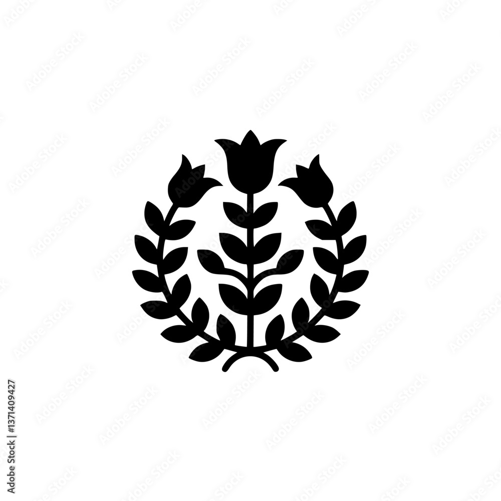 Obraz premium Minimalist Floral Emblem: Black Tulip & Laurel Wreath on White