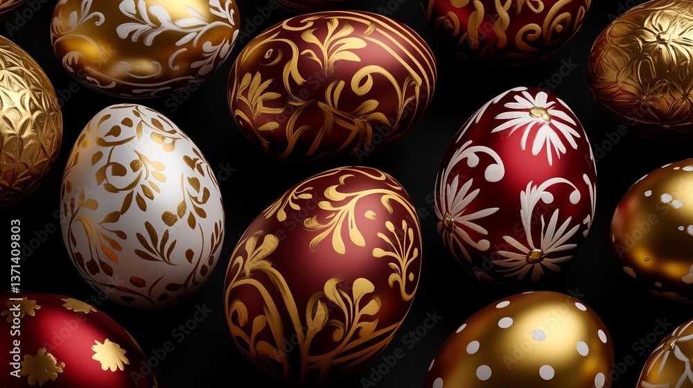 Decorated Easter eggs are displayed against a dark background featuring ornate golden and white designs with rich colors. Decorated Easter eggs are displayed against a dark background featuring ornate golden and white designs with rich colors.