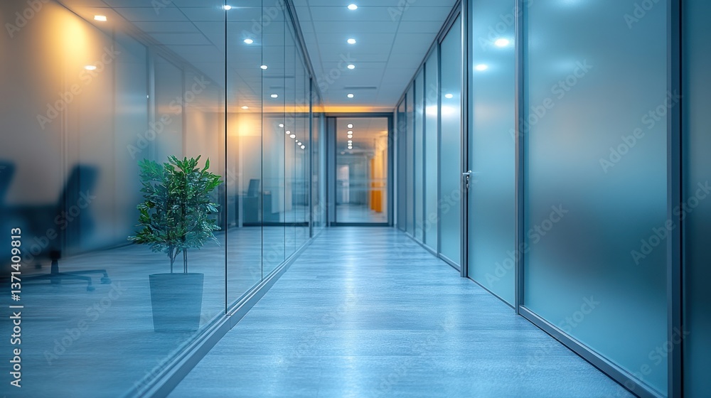 Modern office corridor with glass walls, plants, and warm lighting creating a serene atmosphere Modern office corridor with glass walls, plants, and warm lighting creating a serene atmosphere