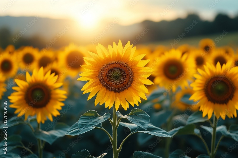 Fototapeta premium Vast fields of sunflowers stretch toward the horizon, glowing in golden hues as the sun sets, casting warm light across the landscape and enhancing their beauty Generative AI