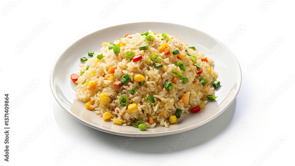 Delicious Fried Rice, Tilt-Shift Miniatures, White Plate, Asian Cuisine, Food Photography, Generative AI Image