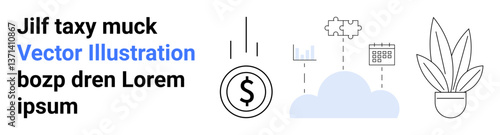 Blue cloud surrounded by analytics charts, calendar, and falling money icon. Ideal for finance, cloud storage, investment, growth, planning, technology data management flat landing page banner