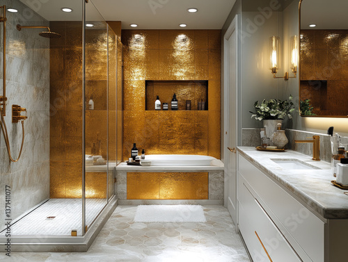 Luxury Modern Bathroom with Glass Shower and Marble Counters
