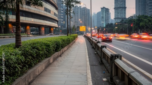 Urban evening scene with busy traffic, modern buildings, and lush greenery along the sidewalk