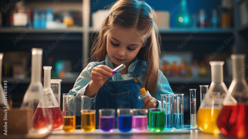Curious Little Girl Conducting a Science Experiment in a Lab Curious Little Girl Conducting a Science Experiment in a Lab