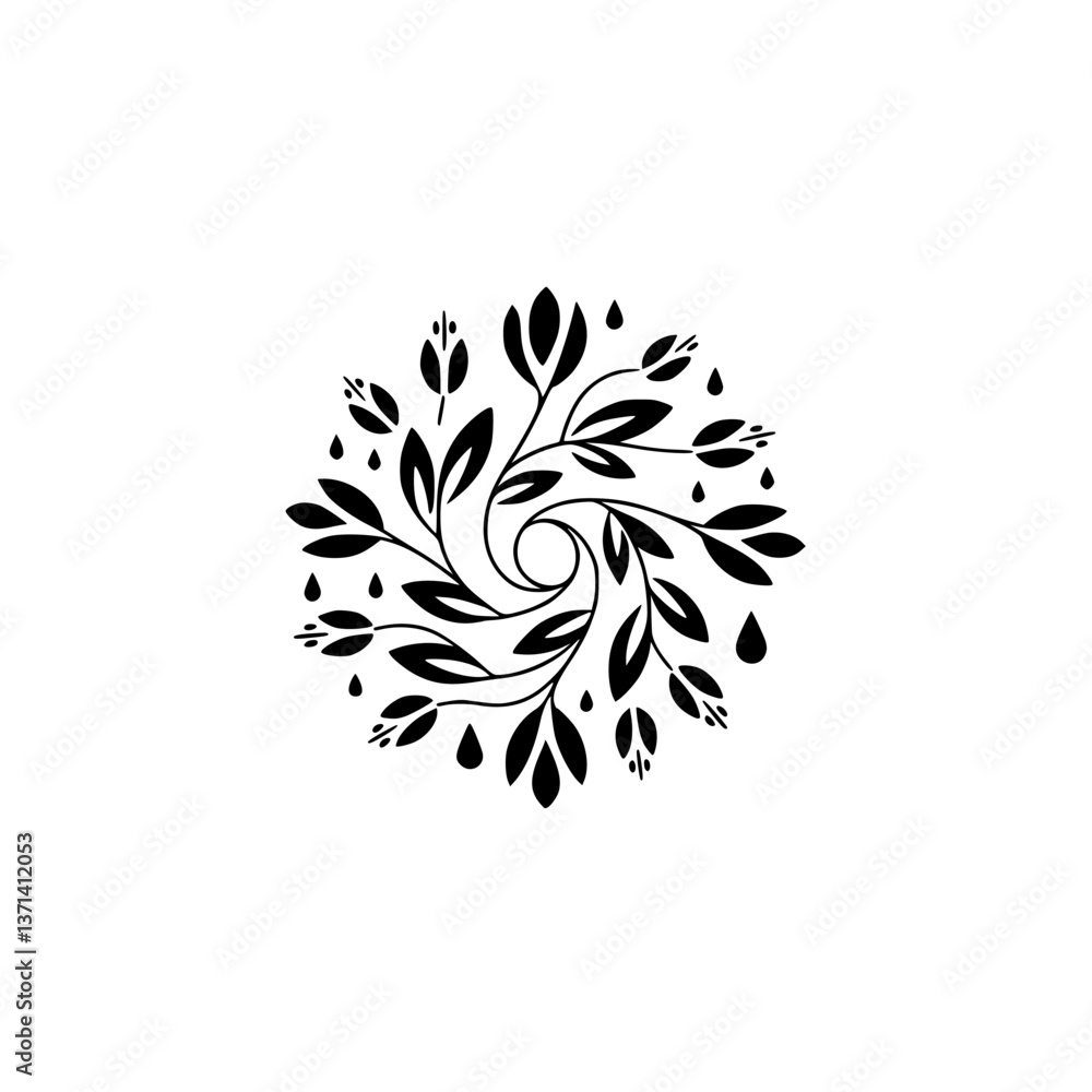 Fototapeta premium Minimalist Floral Swirl Emblem with Leaves and Raindrops