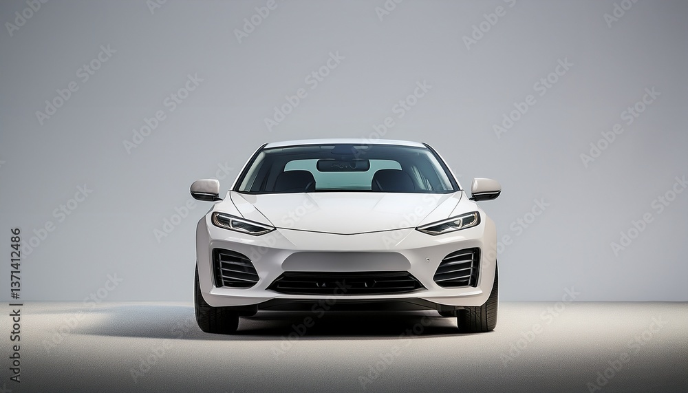 Naklejka premium シンプルなミニマル背景に際立つ白いコンパクトカー、都会的でスタイリッシュな佇まい