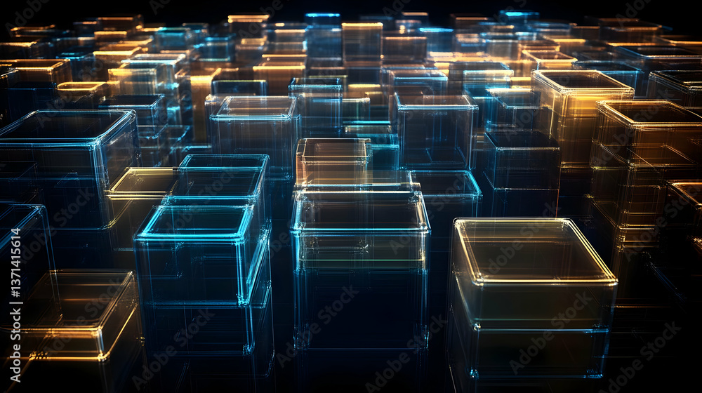 Obraz premium 3D Abstract Cityscape of Transparent Illuminated Cubes on Black Background