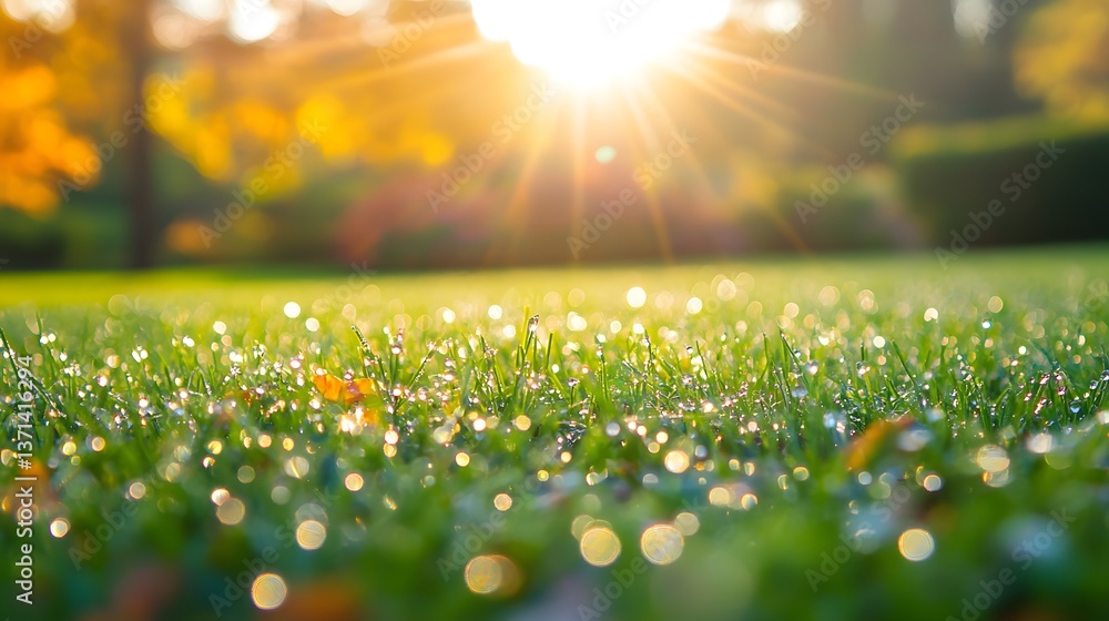 Fototapeta premium Detailed Macro Photography of Dew Drops on Green Lawn in a Vibrant Garden Setting