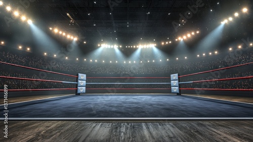 Empty boxing ring illuminated by bright lights, with a cheering crowd in the background
