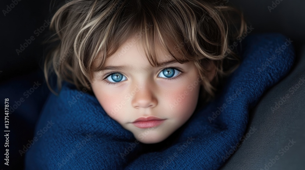 Close-up portrait of a child with captivating blue eyes, wrapped in a blue blanket. A serene and thoughtful expression Close-up portrait of a child with captivating blue eyes, wrapped in a blue blanket. A serene and thoughtful expression