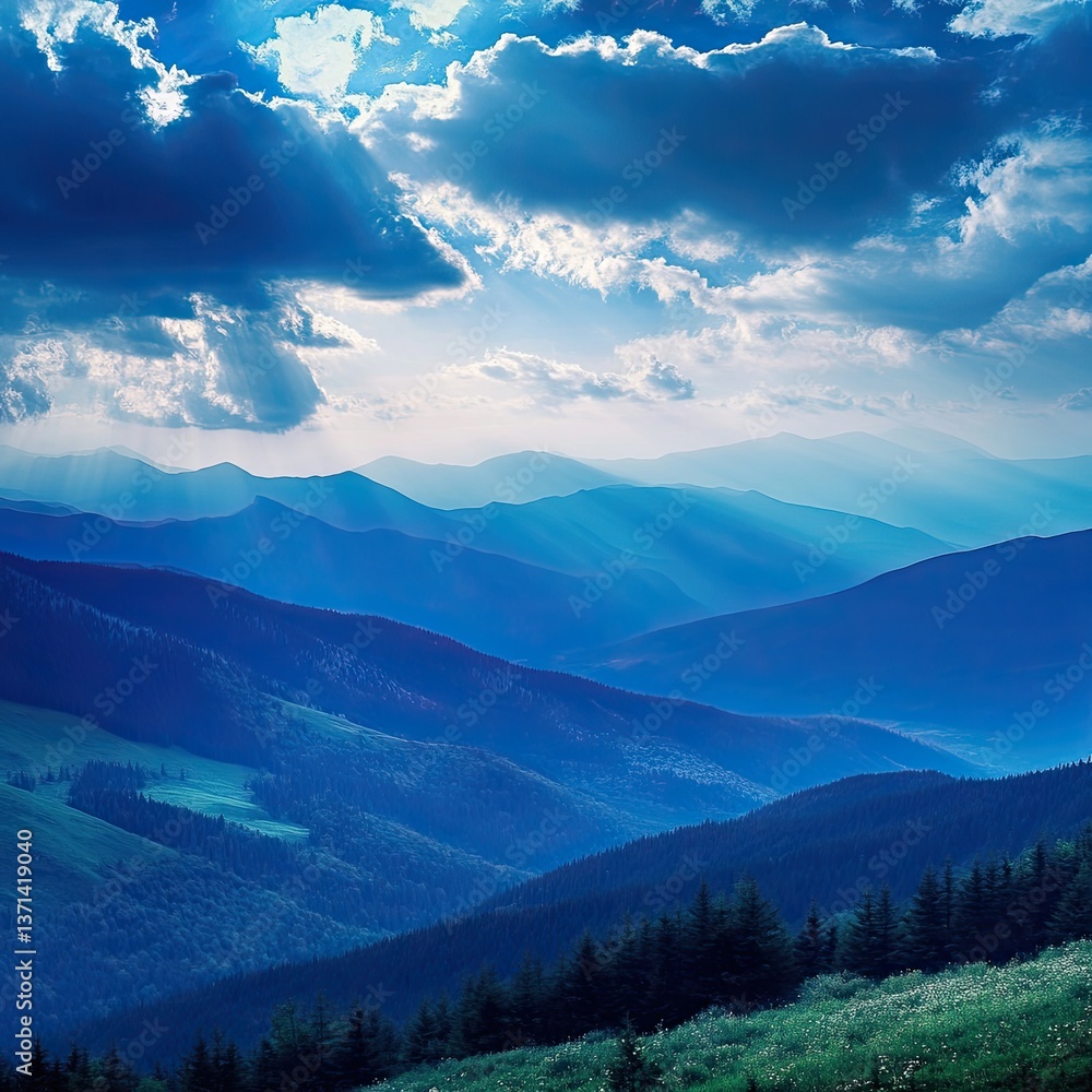 Fototapeta premium Summer landscape in mountains and the dark blue sky with clouds. Carpathian, Ukraine, Europe.