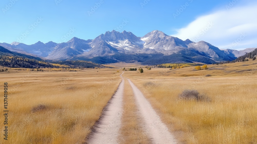 Autumnal mountain vista, a dirt road meanders through a golden meadow towards a majestic peak range Autumnal mountain vista, a dirt road meanders through a golden meadow towards a majestic peak range