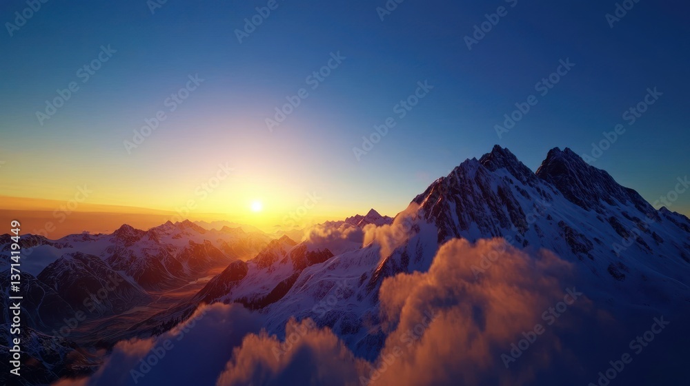Majestic sunrise over snow-capped mountains with clouds, highlighting nature's beauty and tranquility Majestic sunrise over snow-capped mountains with clouds, highlighting nature's beauty and tranquility