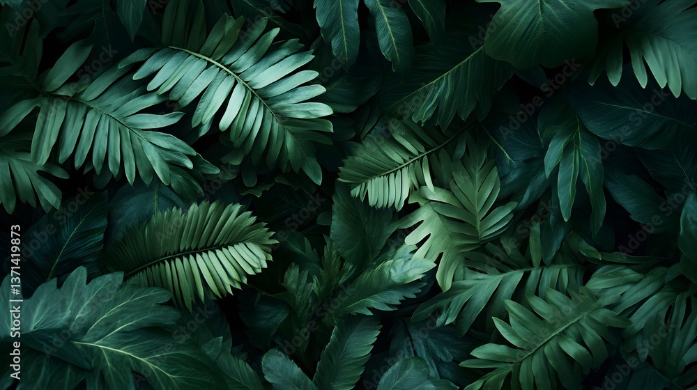 Lush Tropical Fern Foliage in Dark Tone, Botanical Greenery Background Lush Tropical Fern Foliage in Dark Tone, Botanical Greenery Background