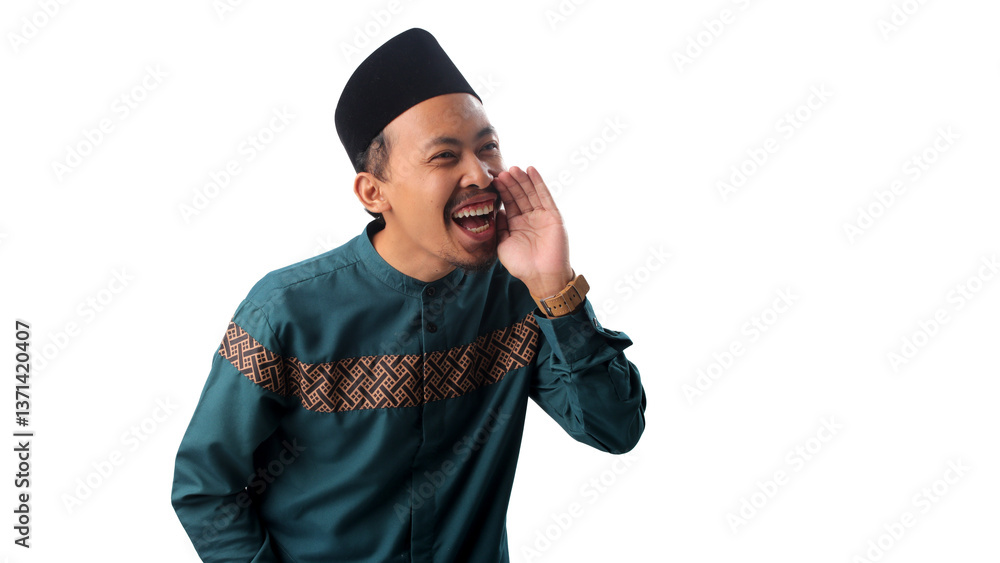Asian Muslim man covers his mouth with his hand while whispering a secret or rumor, engaging in a private or possibly malicious conversation. Isolated on a white background Asian Muslim man covers his mouth with his hand while whispering a secret or rumor, engaging in a private or possibly malicious conversation. Isolated on a white background