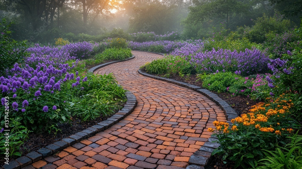 Fototapeta premium Winding brick path through a vibrant garden, bathed in morning mist