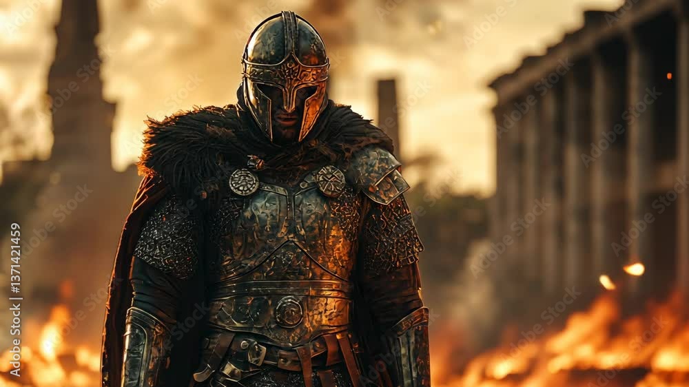 Viking warrior walking through burning city ruins Viking warrior walking through burning city ruins
