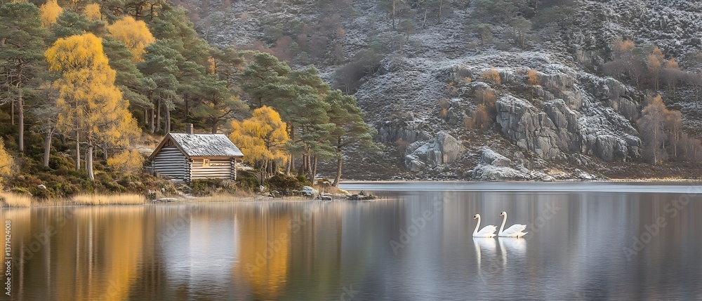 Fototapeta premium Swans on Autumn Lake, Cabin Reflections