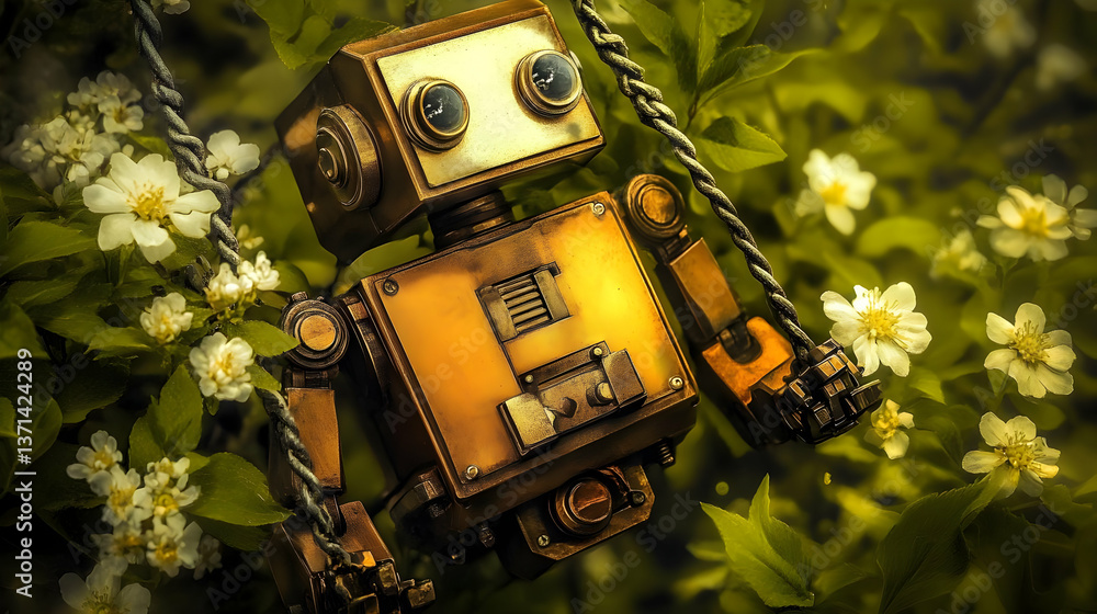 Fototapeta premium Cheerful Vintage Robot Amongst White Flowers in Nature Realistic Illustration