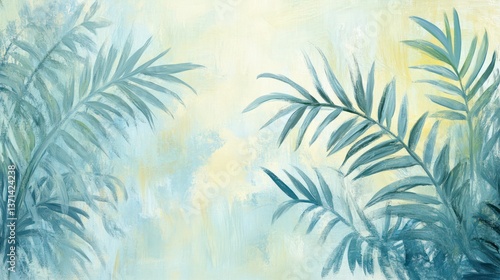 Teal palm leaves painting, summer background, tropical art, wall decor
