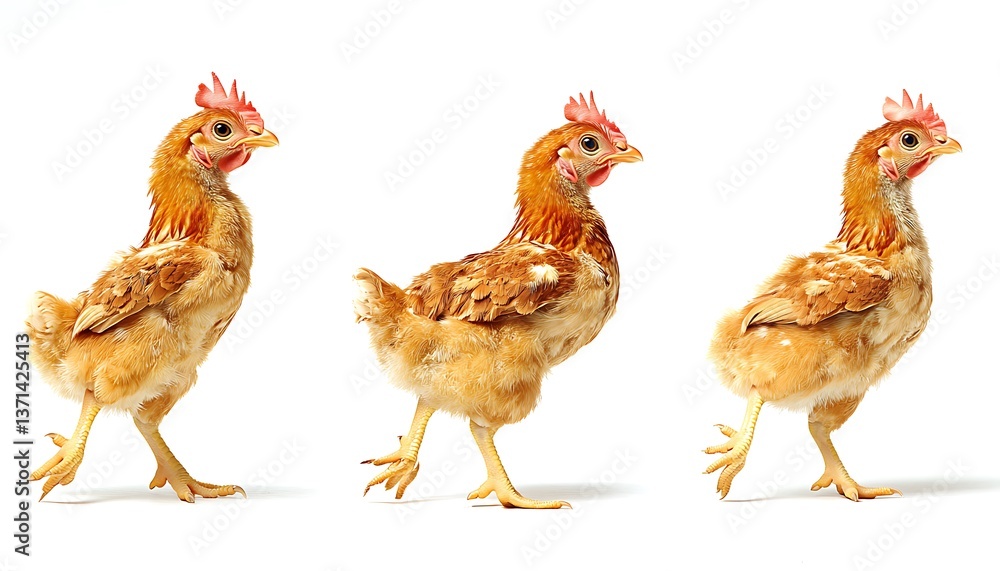 Fototapeta premium Three Chickens Walking Against White