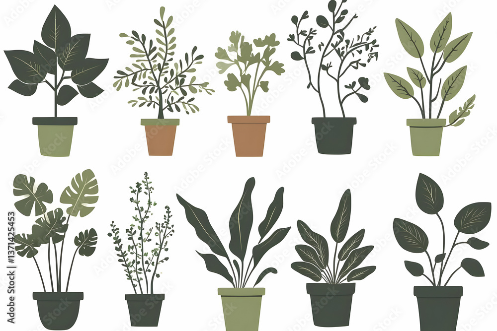 Decorative Potted Plants Set Green Illustrations Isolated on White Background Decorative Potted Plants Set Green Illustrations Isolated on White Background