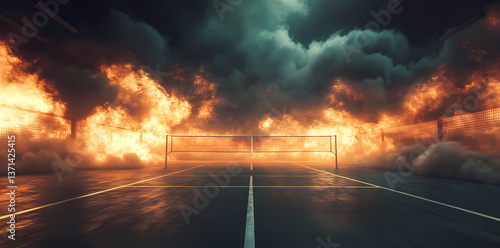 Fiery Showdown: An intense scene of a volleyball court engulfed in flames and smoke, creating a dramatic and visually striking image.