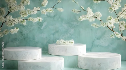 Elegant White Podiums Displaying Products with Floral Branches Background