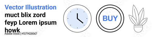 Clock with blue dial, bold Buy button, and minimalistic potted plant. Ideal for e-commerce, time management, simplicity, modern design, habit tracking, product ads and flat landing page banner