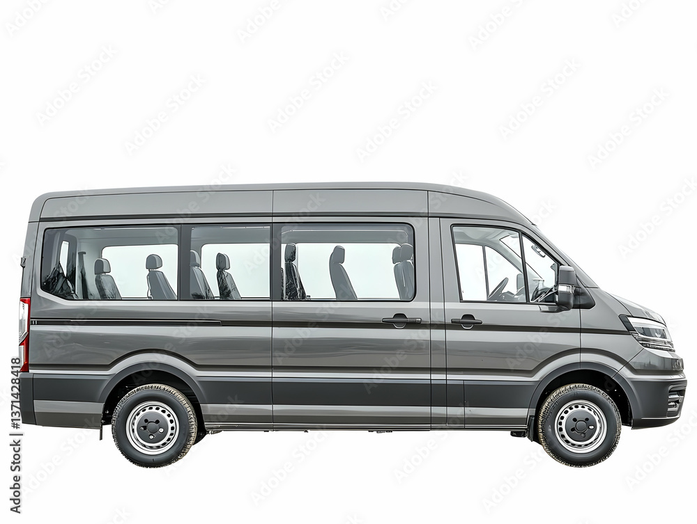 Grey Van Side View Photo Represents Commercial Transportation on White Background Grey Van Side View Photo Represents Commercial Transportation on White Background