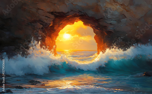 Sunlit Passage: The mesmerizing interplay of nature, captured from the heart of a sea cave as the sun's golden embrace meets the endless blue horizon.