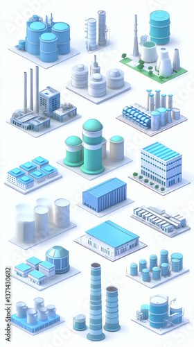 Isometric View Industrial Factories in Blue and White Illustration