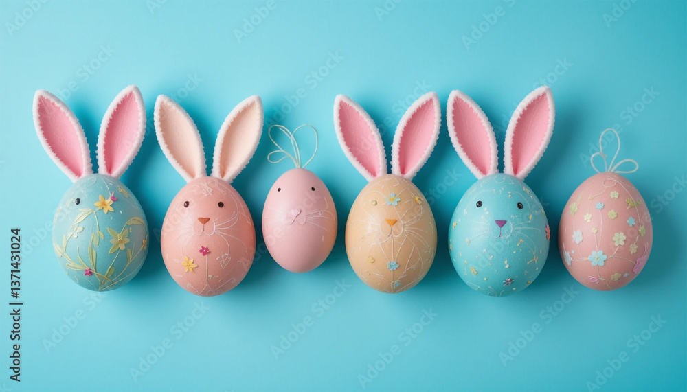 Delightful pastel Easter bunny eggs celebrating spring's arrival on a bright blue background. Delightful pastel Easter bunny eggs celebrating spring's arrival on a bright blue background.