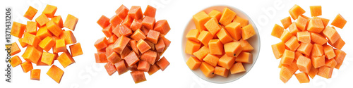 Diced fruit papaya isolated on transparent background. PNG, Set of