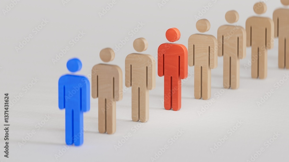 Concept leader of the business team indicates the direction of the movement towards the goal. Crowd of white men goes for the leader of the blue color and bad conflicting employee of red color. Concept leader of the business team indicates the direction of the movement towards the goal. Crowd of white men goes for the leader of the blue color and bad conflicting employee of red color.