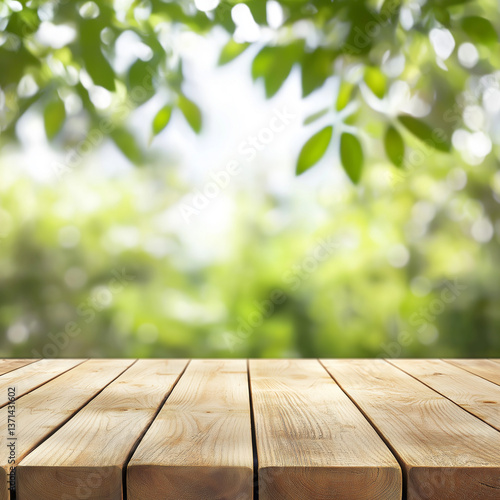 empty wooden table on summer background, Isolated on white Background.
