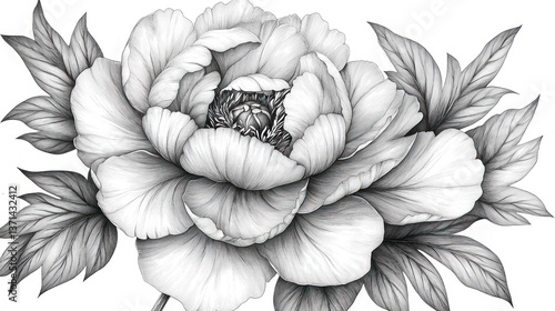 Fototapeta Naklejka Na Ścianę i Meble -  Detailed grayscale peony flower illustration with leaves