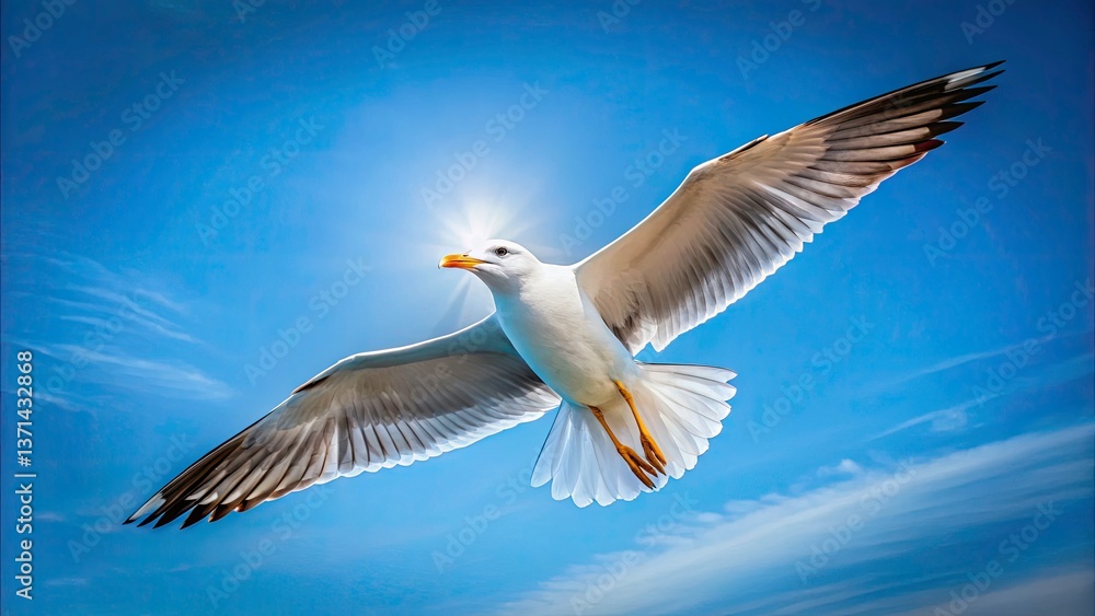 Fototapeta premium Urban Exploration Photography: Seagull Soaring Above Cityscape - Blue Sky, Rooftop, Abandoned Building