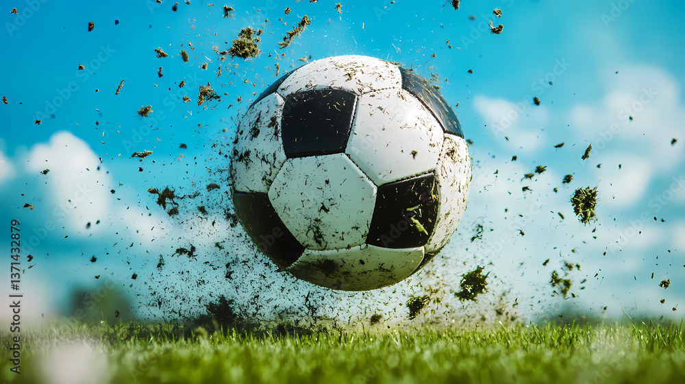 Fototapeta premium Soccer Ball in Motion: An action-packed moment captures a soccer ball soaring through the air above a grassy field, surrounded by a cloud of earth and grass.