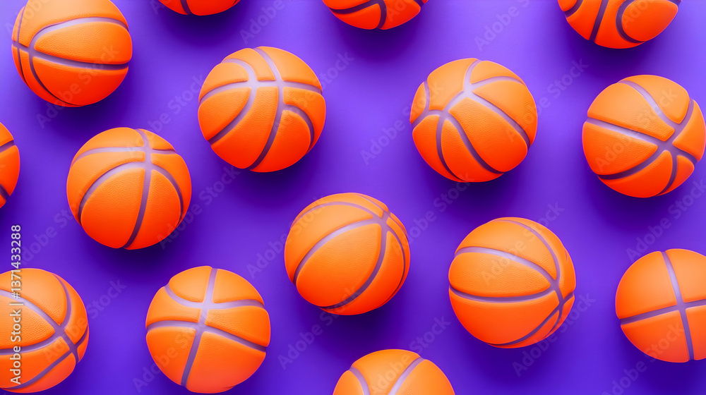 Photo A Pattern of Orange Basketballs Against a Vibrant Purple Backdrop Photo A Pattern of Orange Basketballs Against a Vibrant Purple Backdrop