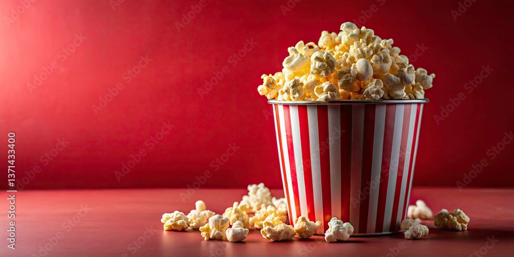 Vertical Overview of a Popcorn Bucket in Macro Photography - Flat Lay with Copy Space, Shallow Depth of Field, Solid Color Backdrop for Food Photography, Snack Concept, and More Vertical Overview of a Popcorn Bucket in Macro Photography - Flat Lay with Copy Space, Shallow Depth of Field, Solid Color Backdrop for Food Photography, Snack Concept, and More