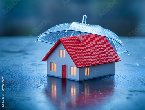 Photo Of A Miniature House Protected By An Umbrella Under The Rain