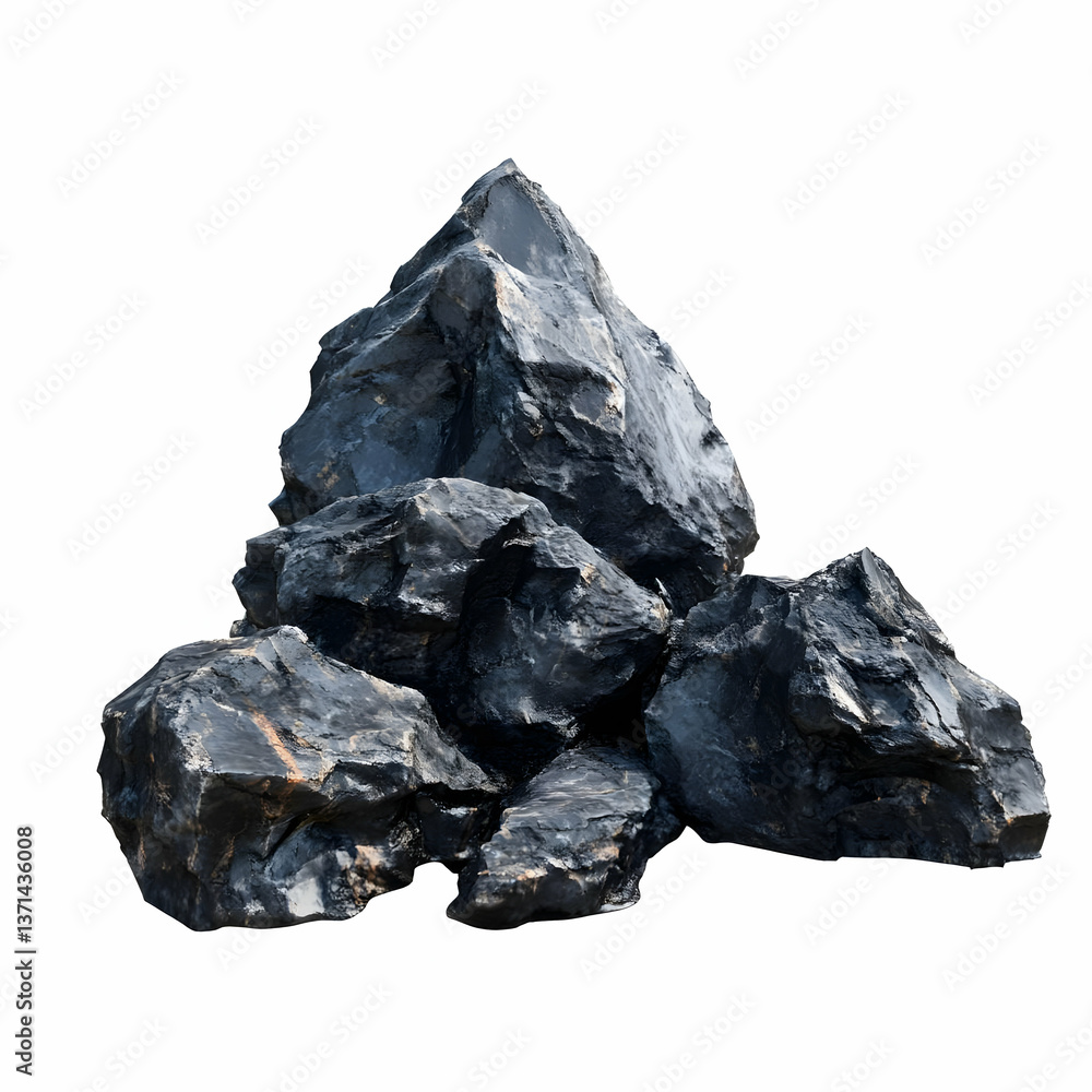 Photo of a Pile of Dark Rocks on a White Background Detailing Textures and Surfaces Photo of a Pile of Dark Rocks on a White Background Detailing Textures and Surfaces