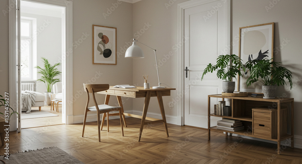 Fototapeta premium A serene home office bathed in soft light, featuring a minimalist wooden desk and chair, complemented by lush potted plants and calming abstract art, creating a peaceful and productive workspace.