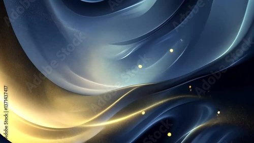 Abstract dark blue background with flowing golden lines and luminous particles backdrop
