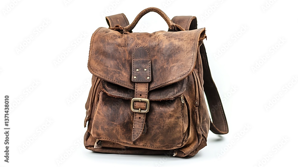 Naklejka premium Vintage Brown Leather Backpack, Front View / ヴィンテージ茶色革製バックパック（前面）