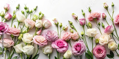 Above-shot of Lisianthus Roses on White Background for Natural and Organic Designs with Copy Space for Text and Graphics