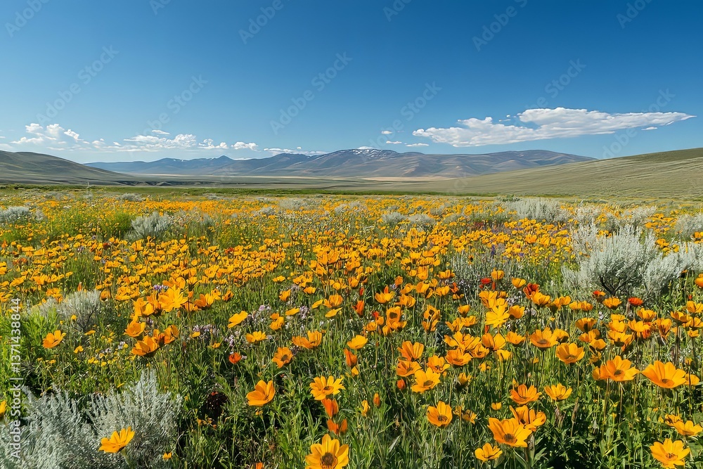 An expansive scenic landscape showcasing wildflowers and distant mountain ranges An expansive scenic landscape showcasing wildflowers and distant mountain ranges